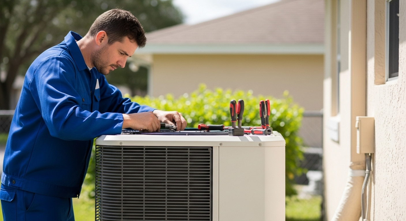 Professional HVAC technician servicing an AC unit